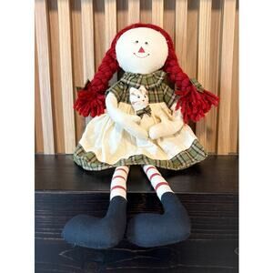 Delton Products Primitive Rag Doll Holding Cat Red Yarn Hair Plaid Dress 20"